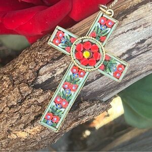 VINTAGE Micromosaic cross pendant necklace